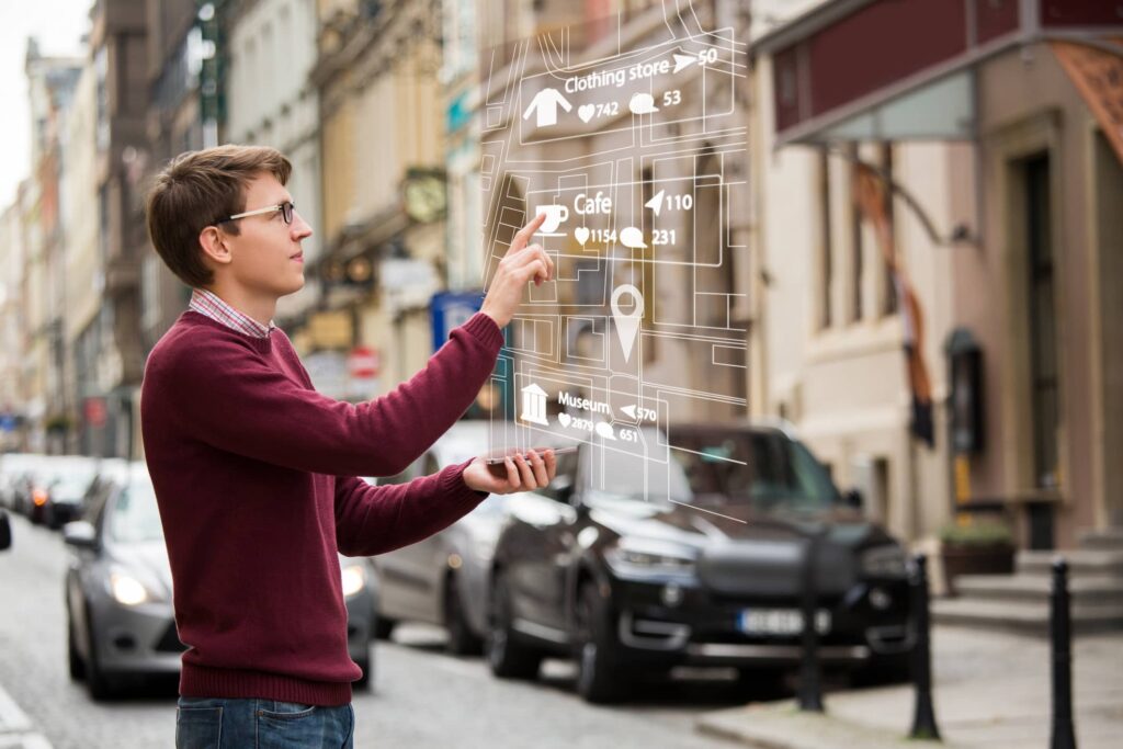 Augmented reality in marketing. Man with phone.