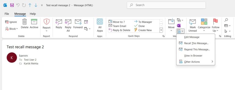 Alternate Method to Recall an Email in Outlook Classic Office 365 (Classic Ribbon) step 4