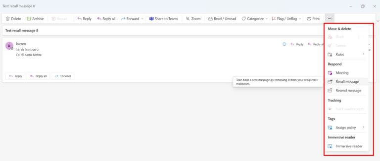 Recall an Email in New Outlook Office 365 (Simplified Ribbon) step 4