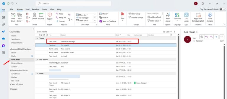 Recall an Email in Outlook Classic Office 365 (Classic Ribbon) step 1 and 2