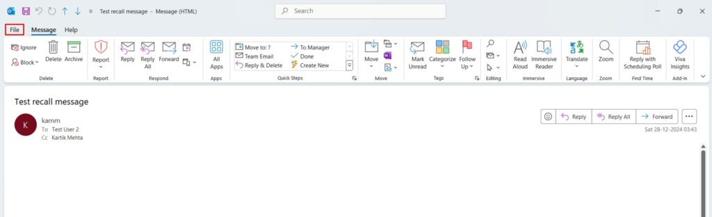 Recall an Email in Outlook Classic Office 365 (Classic Ribbon) step 3