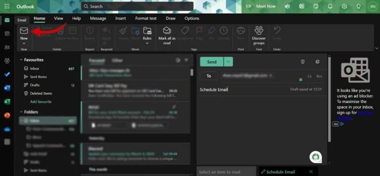 Schedule an Email in Outlook Online step 1