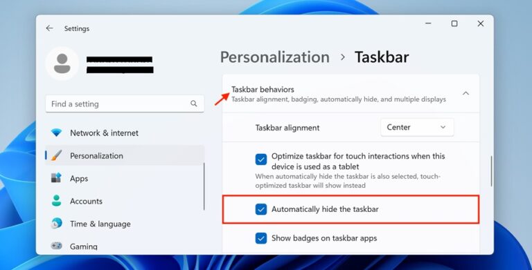Enable Auto Hide Taskbar in Settings Step 3