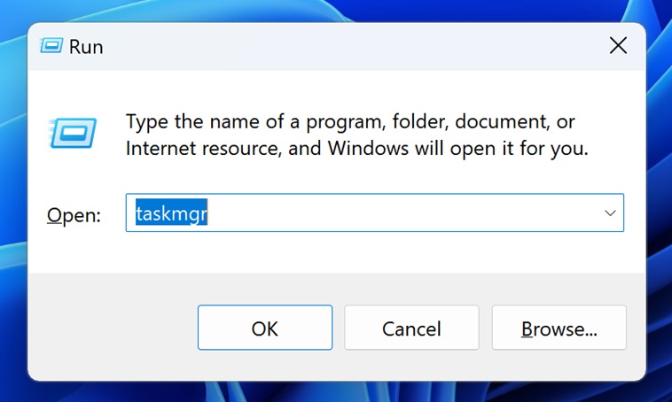 Open Task Manager on Windows 11 Using Run Step 1 and 2