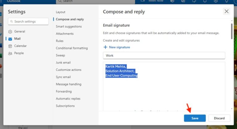 Add or Change Signature in Outlook on the Web Step 6