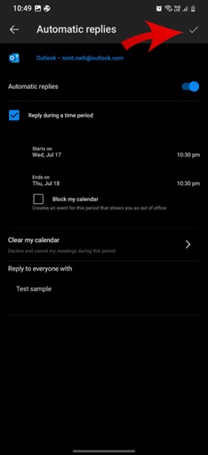 Set Out of Office in Outlook for Android Devices step 8