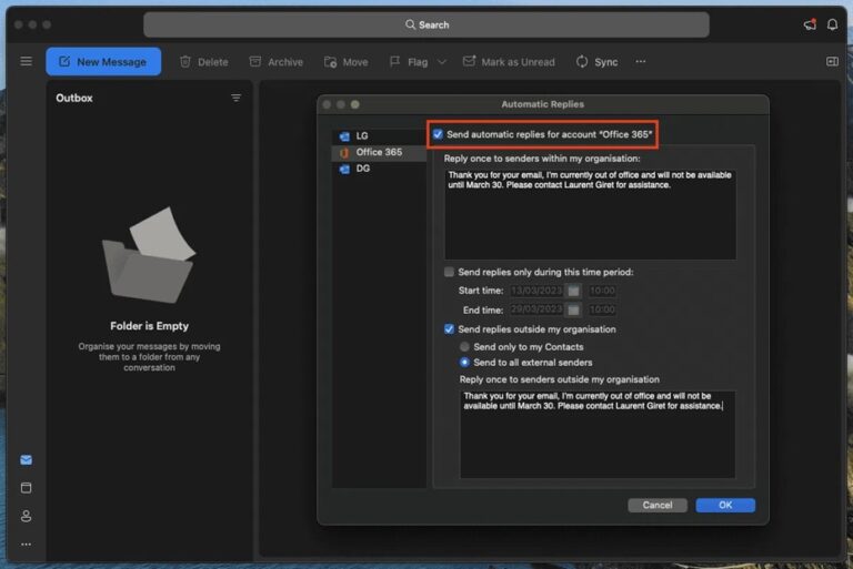 Set Out of Office in Outlook for Mac Step 3