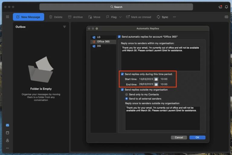 Set Out of Office in Outlook for Mac Step 4 and 5