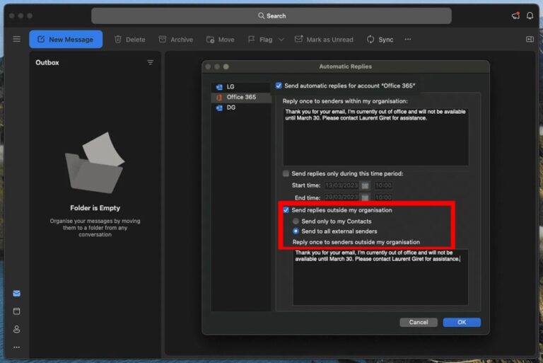 Set Out of Office in Outlook for Mac Step 6 and 7
