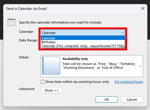 How to Share an Outlook Calendar Snapshot in an Email step 3