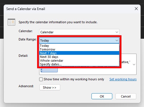 How to Share an Outlook Calendar Snapshot in an Email step 4