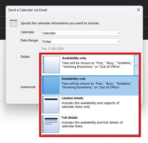 How to Share an Outlook Calendar Snapshot in an Email step 5