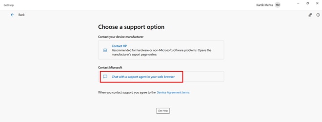 Using Microsoft Support Chat step 9