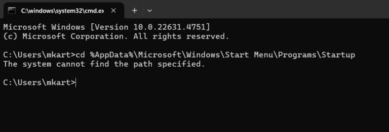 Accessing Logged in user's Windows 11 Startup Folder Using Command Prompt step 2 and 3