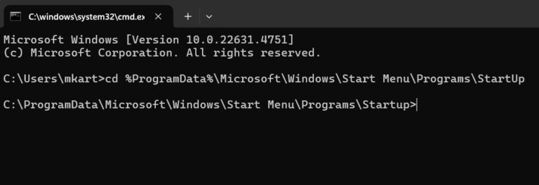 Accessing Windows 11 Startup Folder (All-Users) Using Command Prompt step 2 and 3