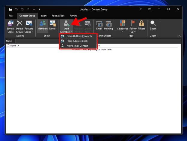 Create an Email Group in Outlook for Windows step 4