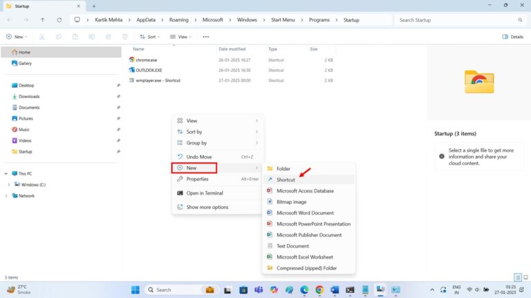 Creating Shortcuts Directly in the Windows Startup Folder step 2