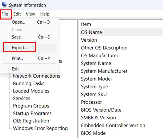 Exporting System Information step 1