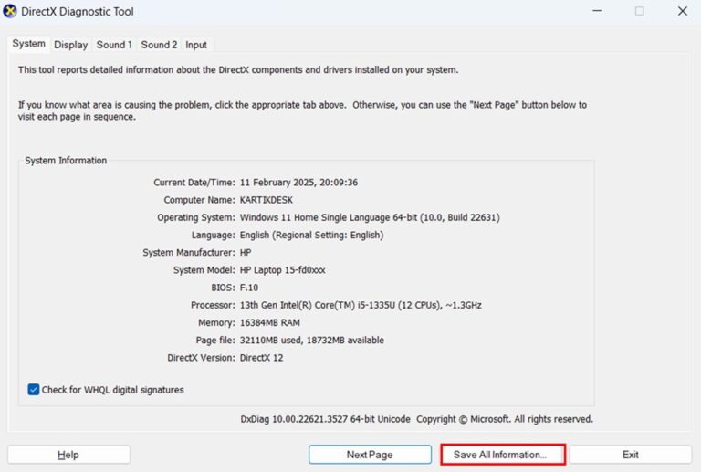 Generating a Diagnostic Report in DirectX Diagnostic Tool 1