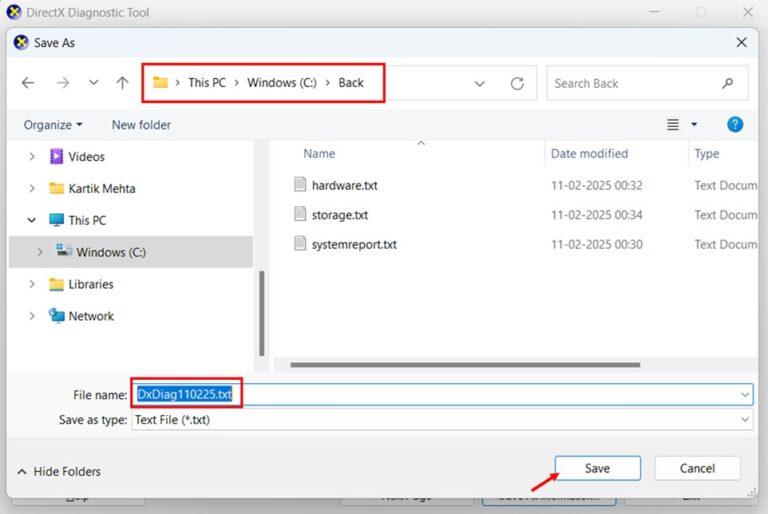 Generating a Diagnostic Report in DirectX Diagnostic Tool 2