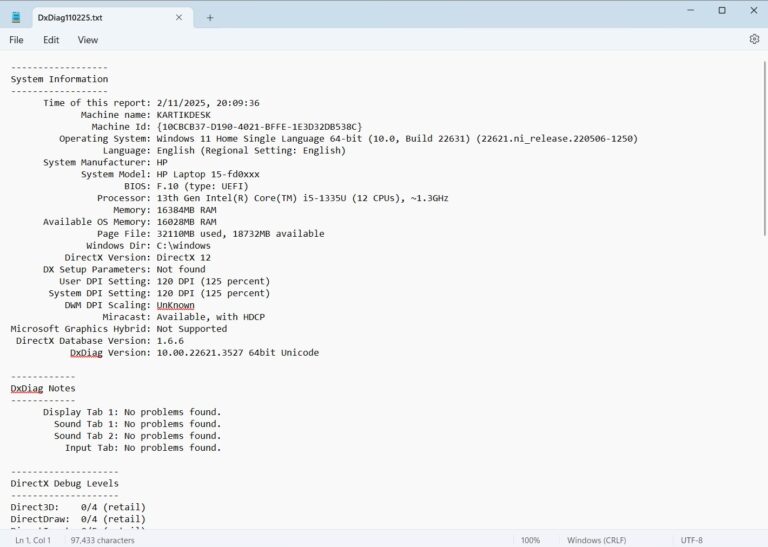 Generating a Diagnostic Report in DirectX Diagnostic Tool 3