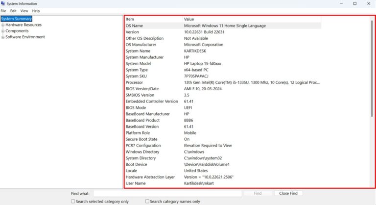 Navigating the System Summary in System Information step 1