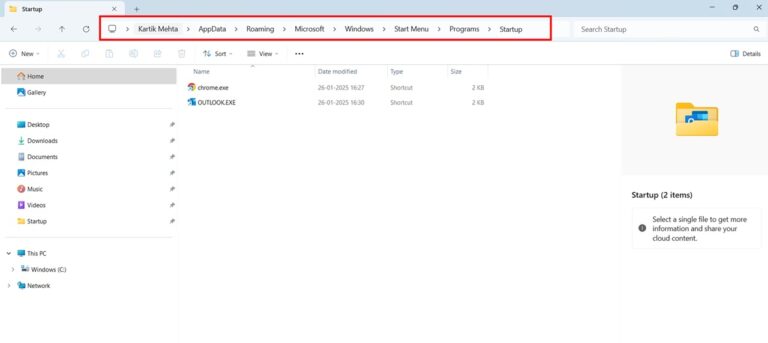 Navigating to Logged in user Windows 11 Startup Folder in File Explorer step 3