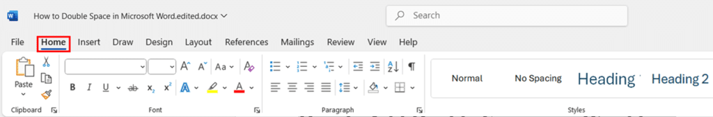 Using the Ribbon Interface to add Double-Spacing in Word to Existing Text step 1 and 2
