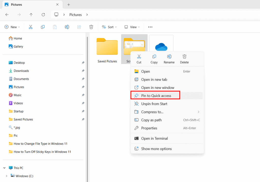 Pinning Folders to Quick Access screenshots step 1 to 3