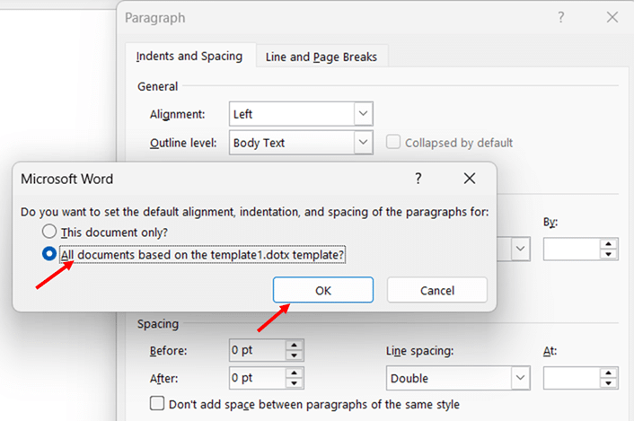 Setting Double Spacing as the Default for All New Documents step 5 and 6
