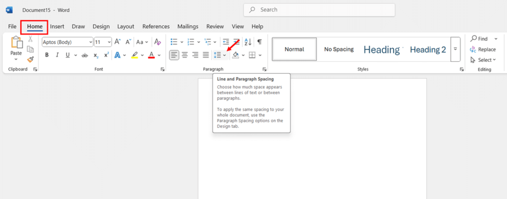 Using Ribbon Interface Set Double Spacing in New Word Document step 2 and 3