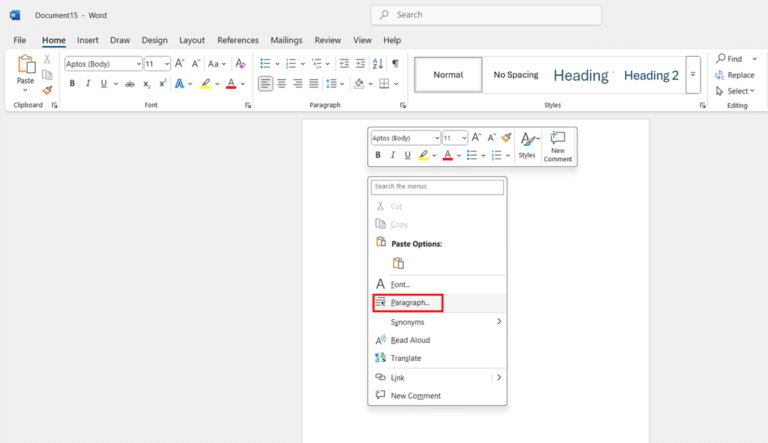 Using the Paragraph Dialog Box Set Double Spacing in New Word Document step 1 and 2