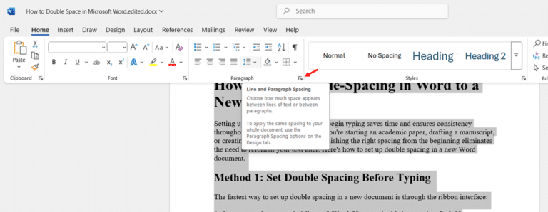 Using the Ribbon Interface to add Double-Spacing in Word to Existing Text step 3