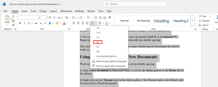 Using the Ribbon Interface to add Double-Spacing in Word to Existing Text step 4