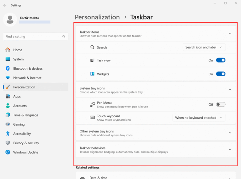 Adjusting Individual Taskbar Elements step 3