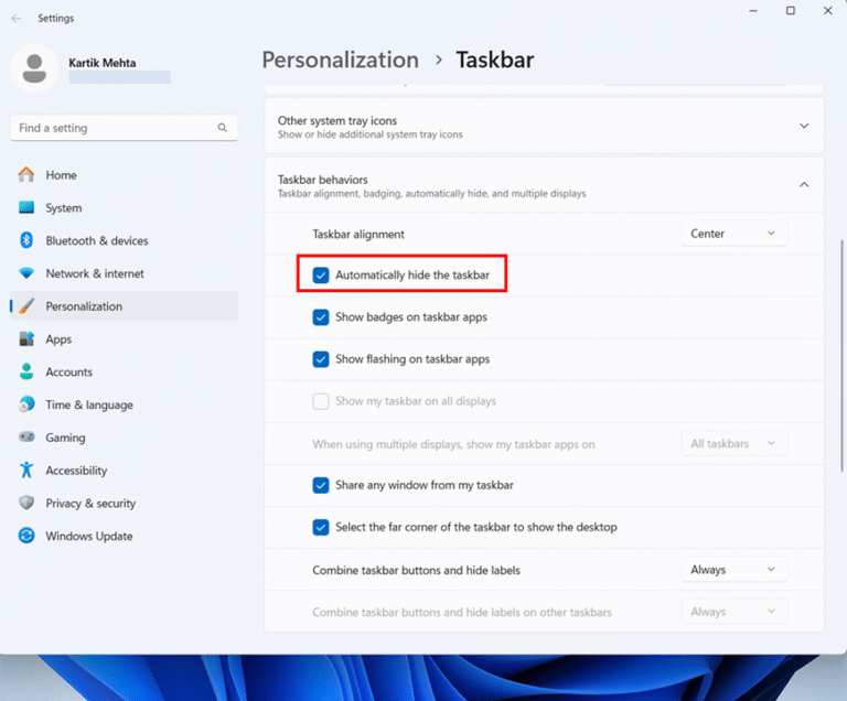 Adjusting Individual Taskbar Elements step 8