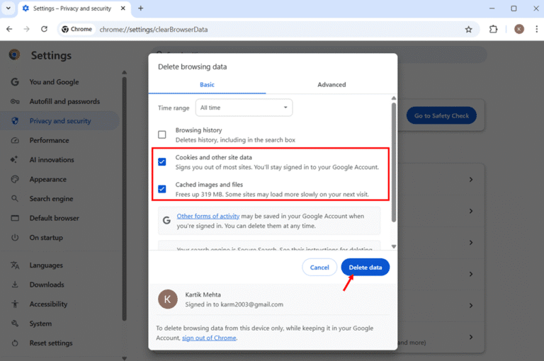Clearing Cache in Google Chrome step 6 and 7