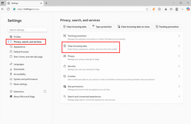 Clearing Cache in Microsoft Edge step 4 and 5