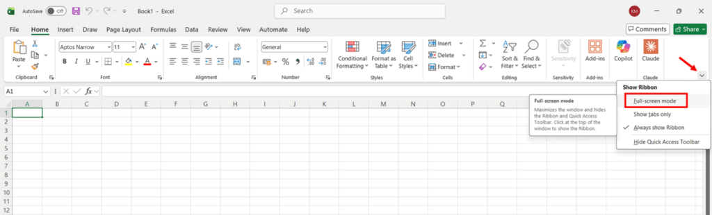 Enable Full-screen mode Using Ribbon in Microsoft Excel step 1 and 2