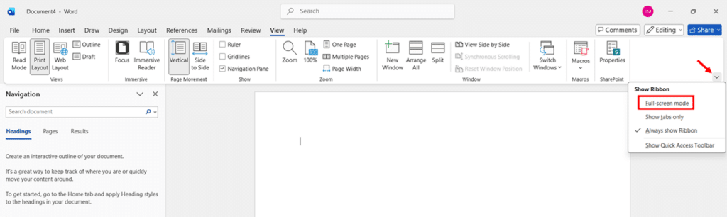 Enable Full-screen mode Using Ribbon in Microsoft Word step 1 and 2