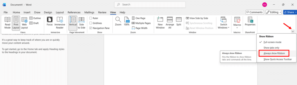 Enable Full-screen mode Using Ribbon in Microsoft Word step 4