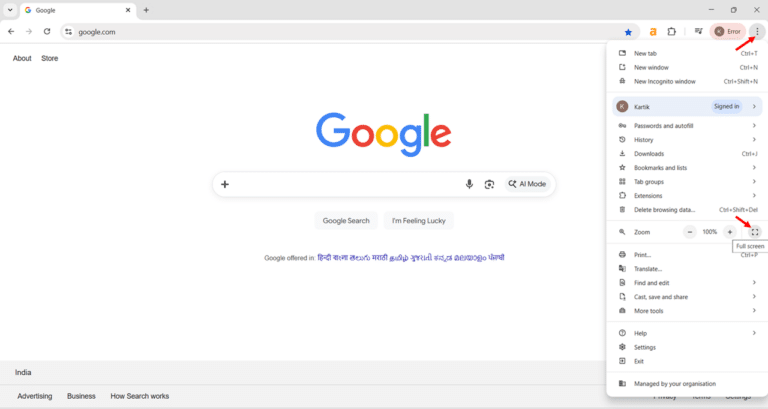 Go Full Screen in Google Crome on Windows 11 Using the Browser Menu step 1, 2 and 3