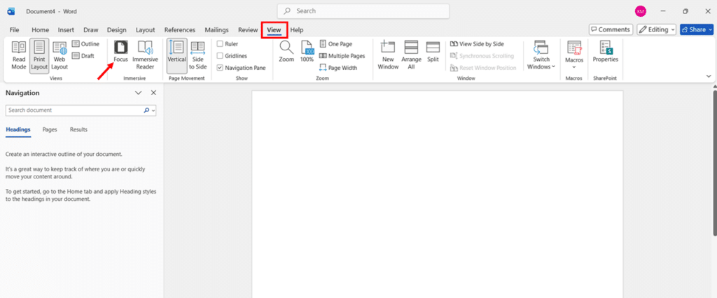 Using Focus Mode in Microsoft Word for Distraction Free Writing View step 1 and 2