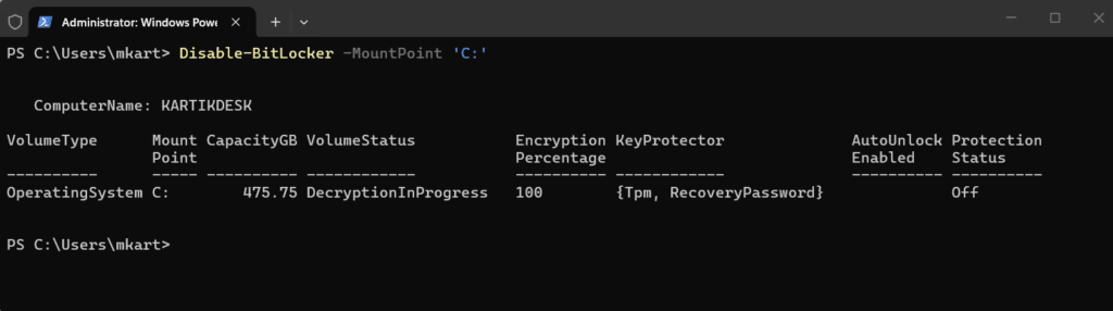 Disable BitLocker on a Single Drive via PowerShell step 1