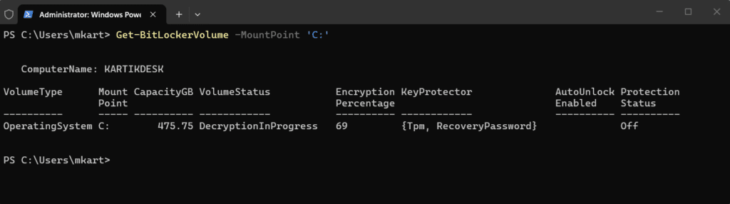 Disable BitLocker on a Single Drive via PowerShell step 2