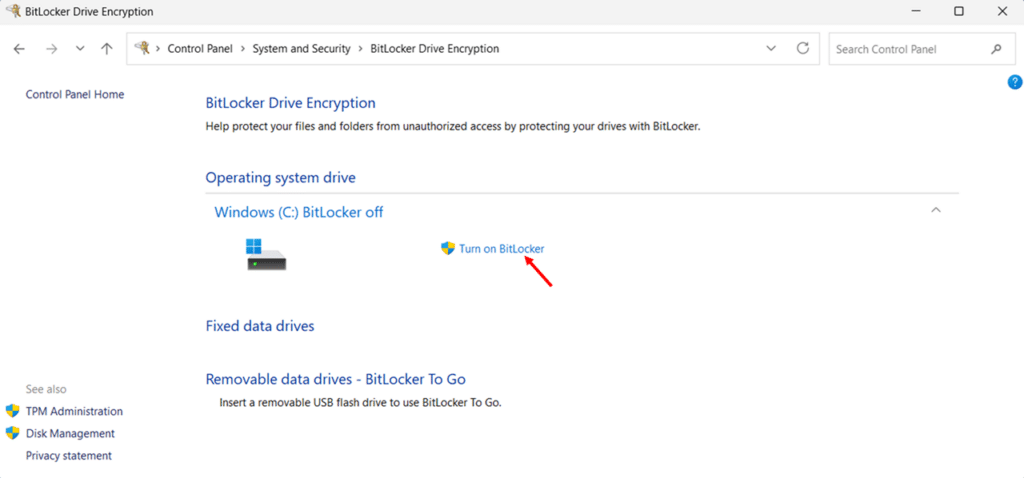 Enable BitLocker on OS Drive via Control Panel step 4