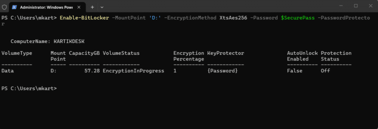 Enable BitLocker on a Data Drive via PowerShell step 2