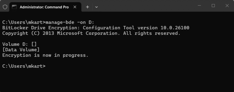 Enable BitLocker on a Secondary Data Drive Via Command Prompt Step 2