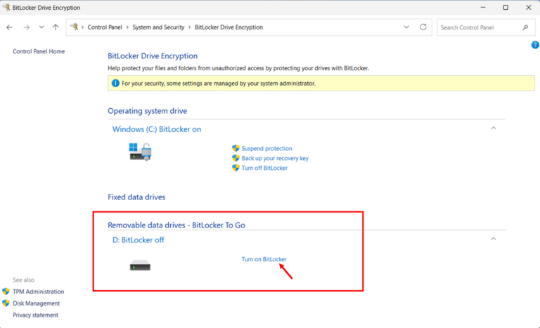Enable BitLocker on a Secondary Data Drive via Control Panel step 2