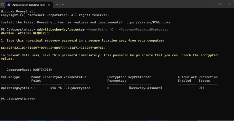 Enable BitLocker on the OS Drive (TPM + Recovery Password) step 1